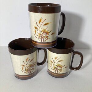 3 Vintage 1980 Dart Thermo Serv Insulated Coffee Cups Wheat Floral Pattern Brown
